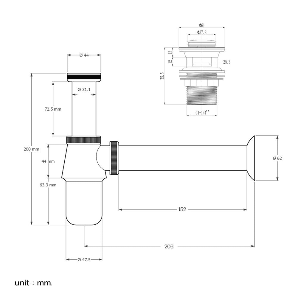 ท่อน้ำทิ้งอ่างล้างหน้ากระปุก DONMARK GL-5349 15 ซม.
