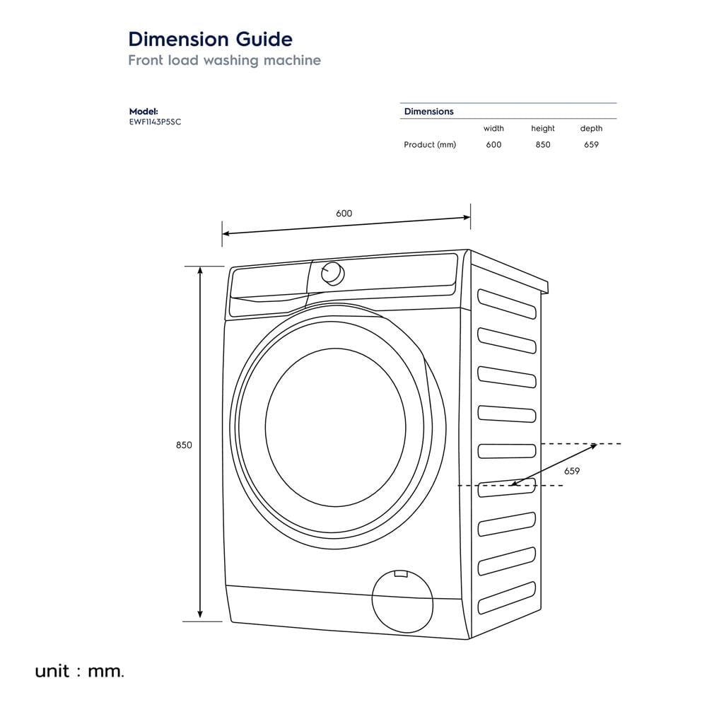 เครื่องซักผ้าฝาหน้าพร้อมขาตั้ง ELECTROLUX EWF1143P5SC 11 กก. 1400 RPM อินเวอร์เตอร์ สีเทาเข้ม