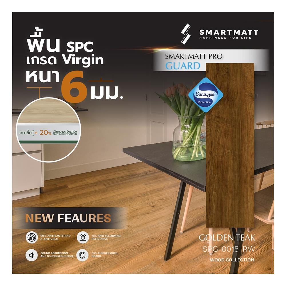 พื้น SPC SMARTMATT PRO GUARD 6 มม. 2.22 ตร.ม. สี GOLDEN TEAK (แพ็ก 8 ชิ้น)