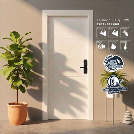 ประตูภายนอก UPVC เจาะลูกบิด MODERNWOOD MWR010 80x200 ซม. สีขาว_2