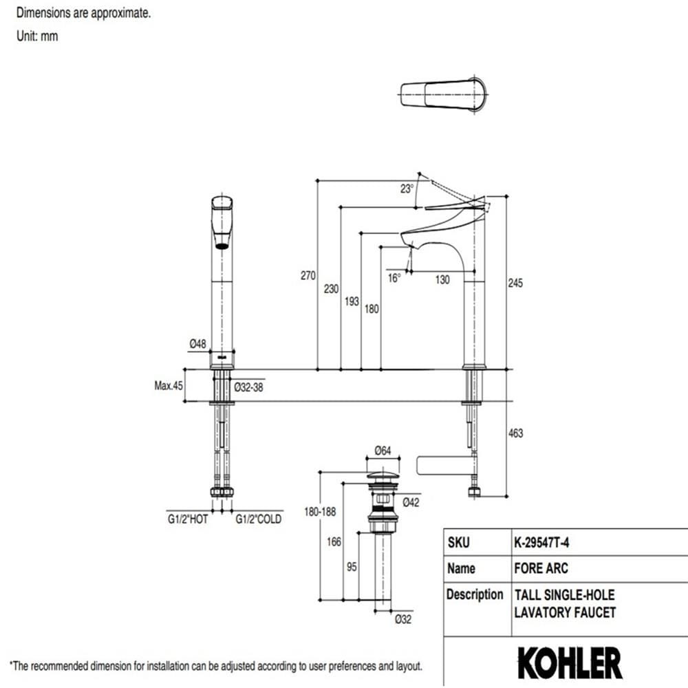 ก๊อกอ่างล้างหน้าทรงสูง KOHLER K-29547T-4-AF สีทอง