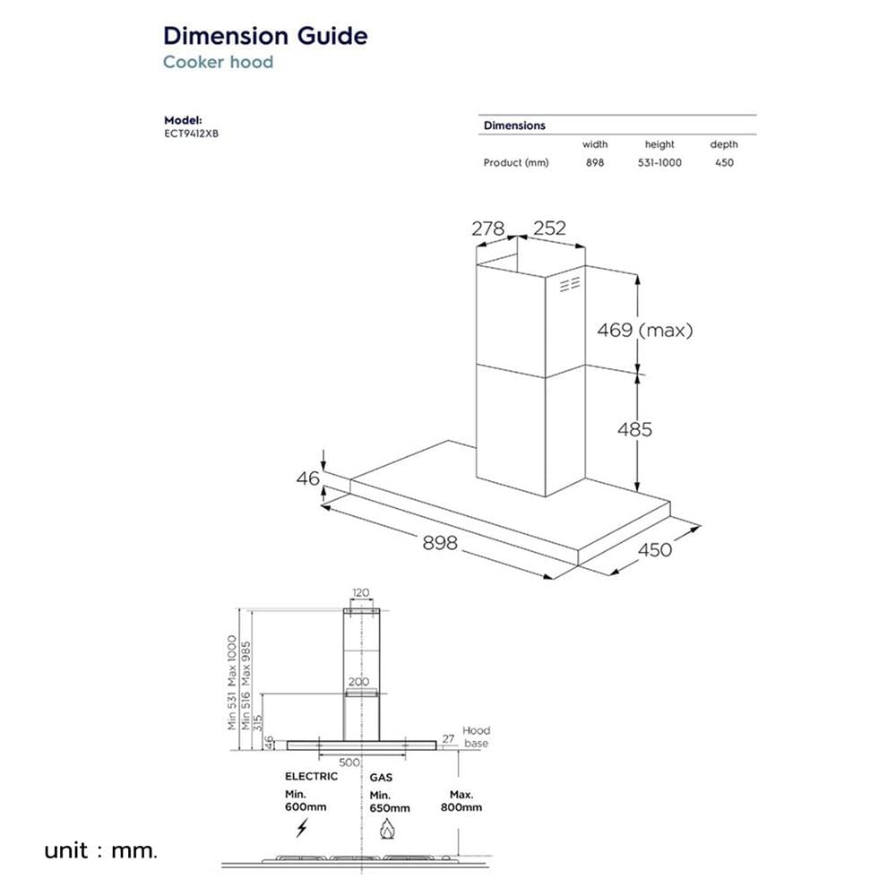 เครื่องดูดควันกระโจม ELECTROLUX ECT9412XB 90 ซม.