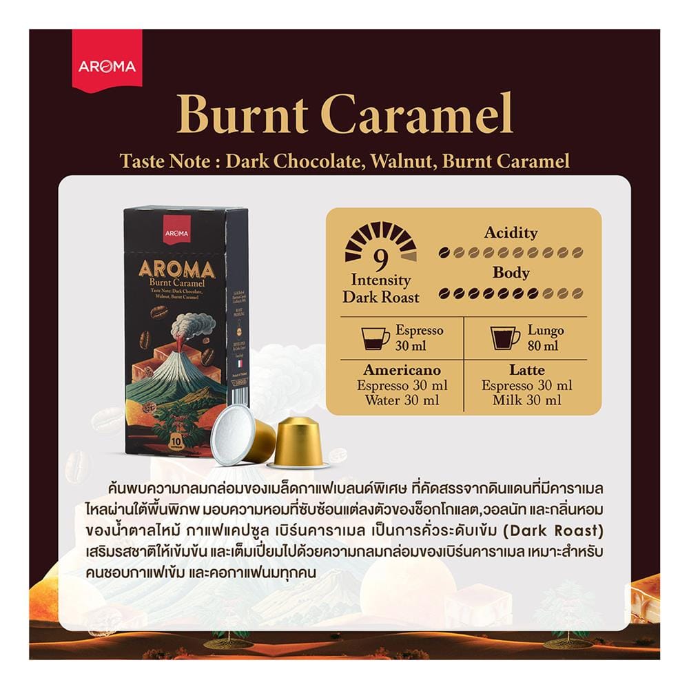 แคปซูลเครื่องชงกาแฟ AROMA เบิร์นคาราเมล 5.5 ก. (10 แคปซูล)