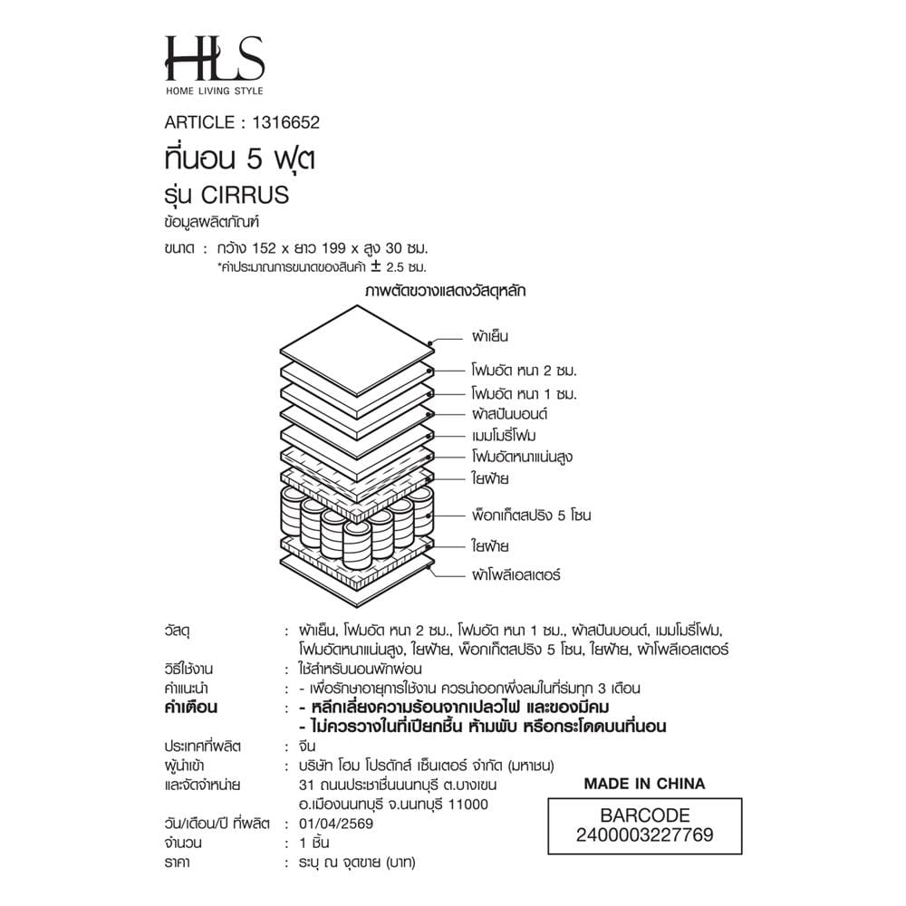 ที่นอนพ็อกเกตสปริง 3.5 ฟุต สุญญากาศ HOME LIVING STYLE CIRRUS