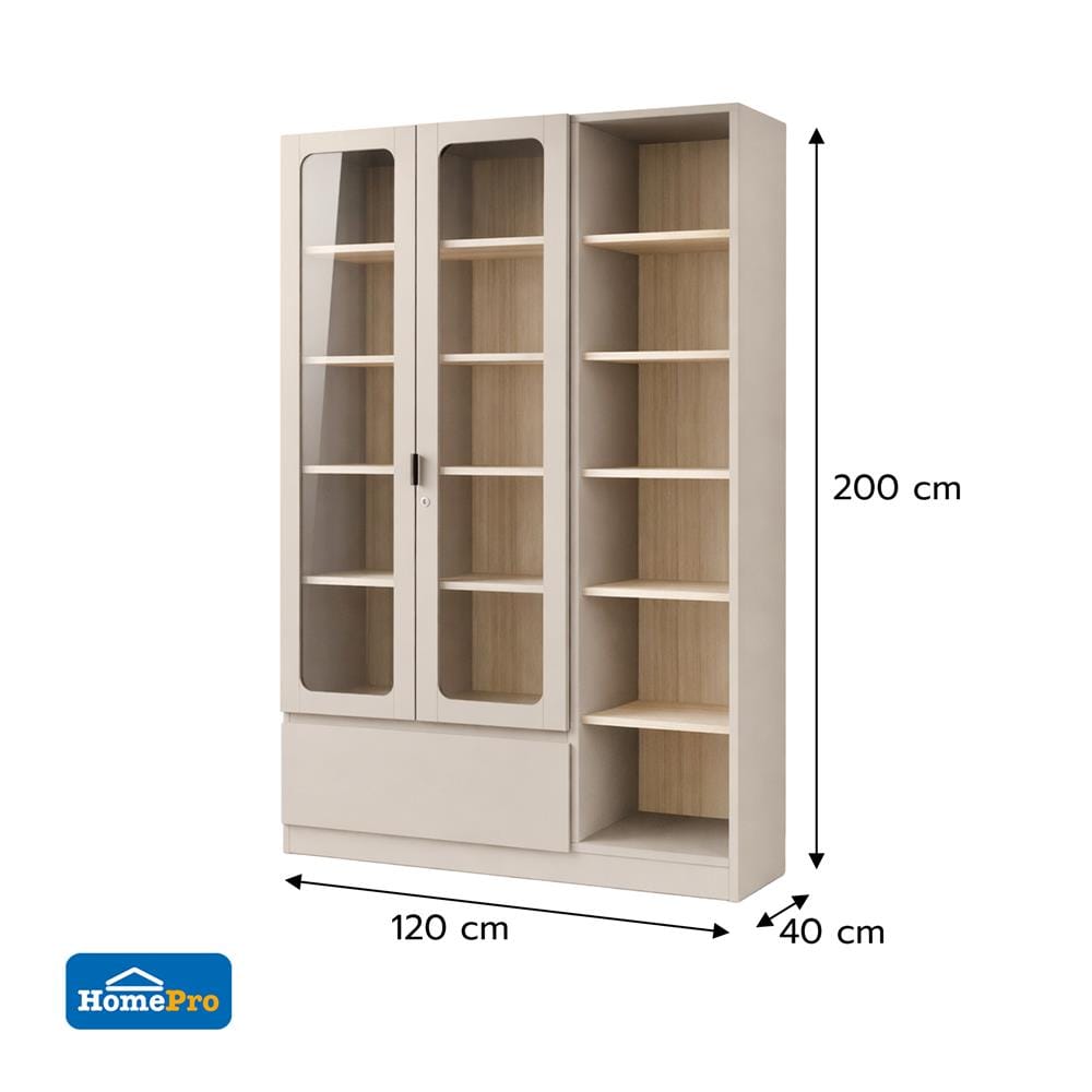 ตู้โชว์ 2 บานเปิด FURDINI KEEPER+ 120 ซม. สี LIGHT OAK/SOFT BEIGE/กระจกใส