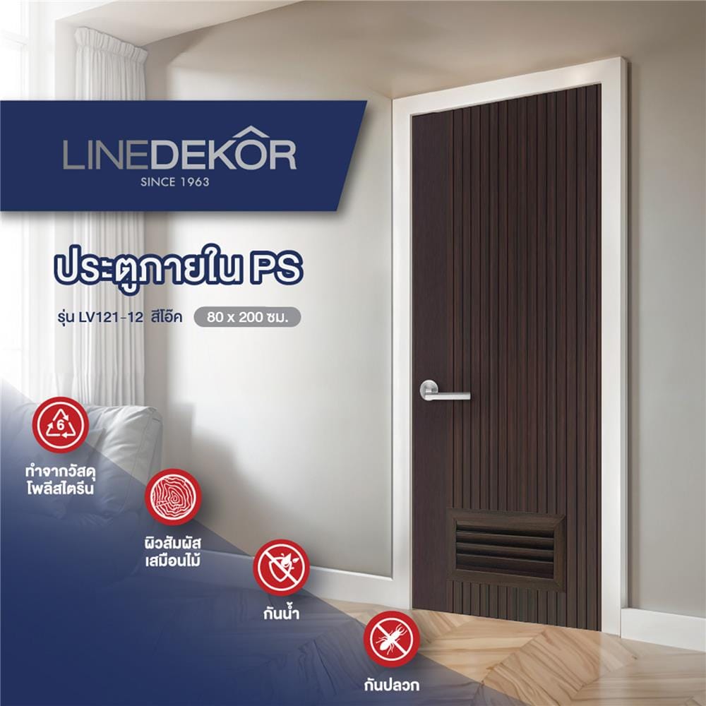 ประตูห้องน้ำโพลีสไตรีน ไม่เจาะลูกบิด LINDEKOR VERTICAL 80x200 ซม. สีโอ๊ค (เปิดด้านขวา เข้าด้านใน)