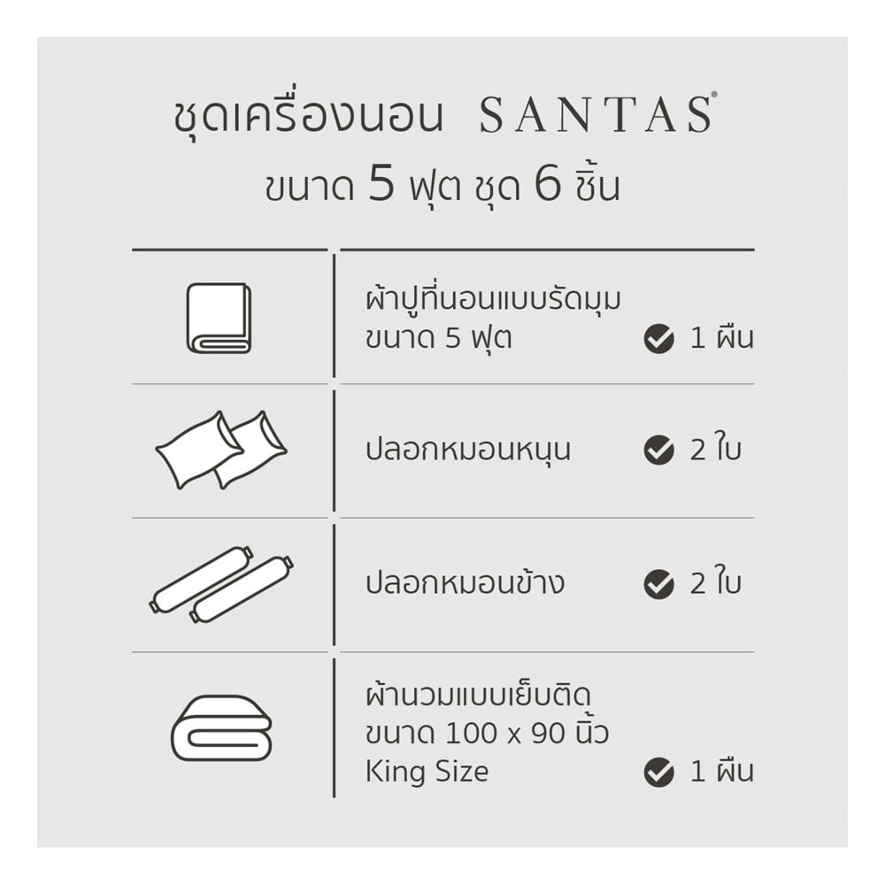 ชุดผ้าปูที่นอน 5 ฟุต (ชุด 6 ชิ้น) SANTAS COTTON USA LILIORA BI