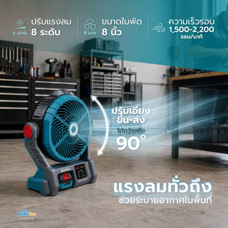 พัดลมไร้สาย 8 นิ้ว (พร้อมแบตเตอรี่และแท่นชาร์จ) MATALL PRO HBHL022_3