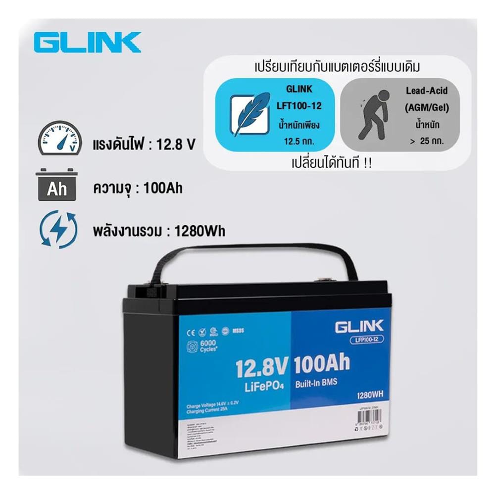 แบตเตอรี่แห้ง GLINK 12.8V PO4 LFP100-12