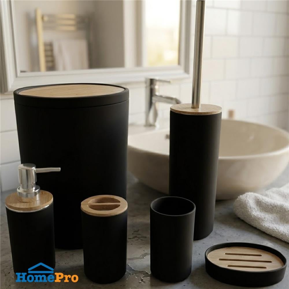 ชุดอุปกรณ์ห้องน้ำพร้อมถังขยะ 6 ชิ้น HOMEPRO BASE BAMBOO สีดำ
