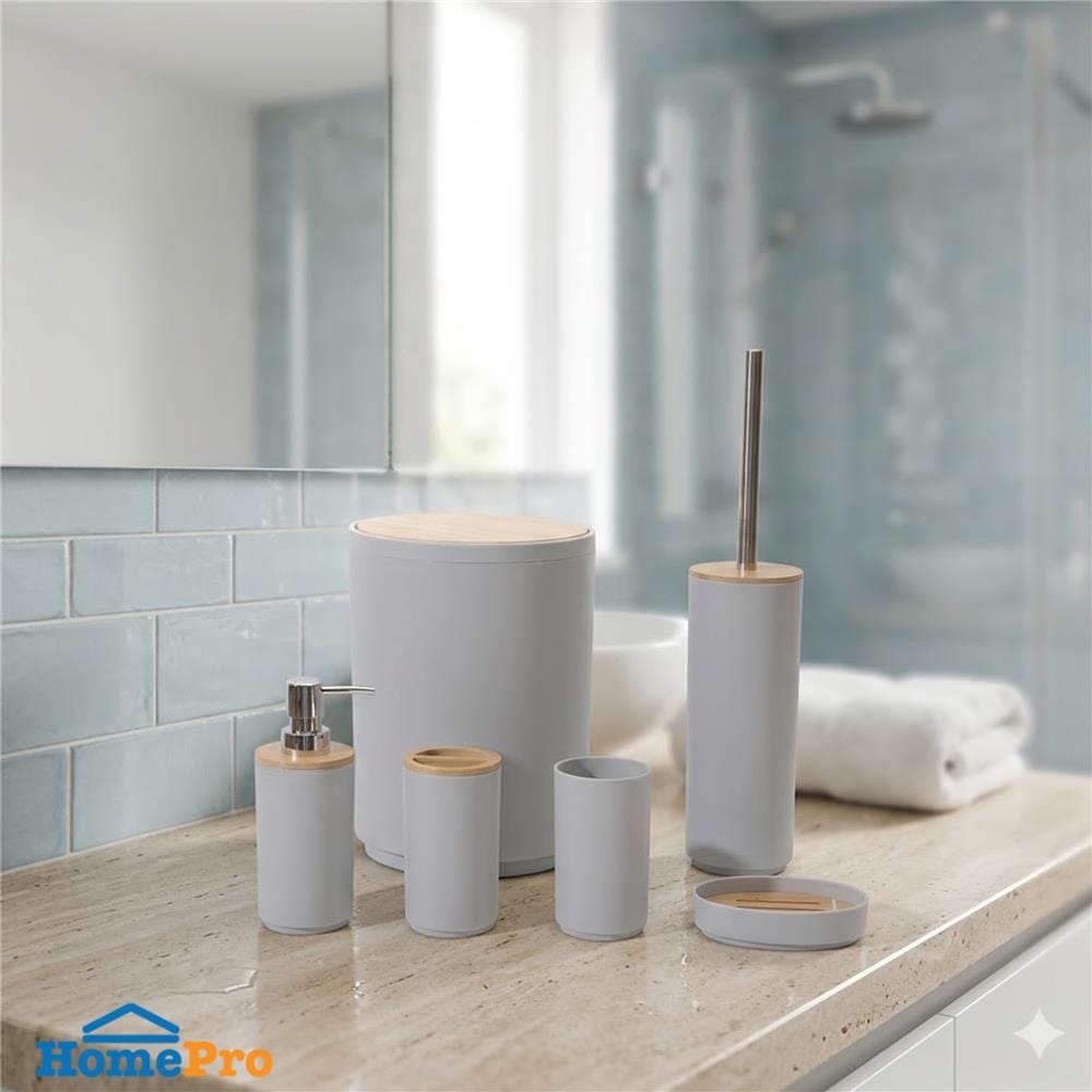 ชุดอุปกรณ์ห้องน้ำพร้อมถังขยะ 6 ชิ้น HOMEPRO BASE BAMBOO สีเบจ