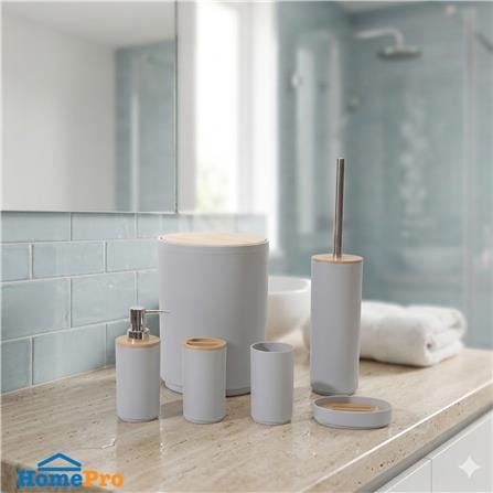 ชุดอุปกรณ์ห้องน้ำพร้อมถังขยะ 6 ชิ้น HOMEPRO BASE BAMBOO สีเบจ_1