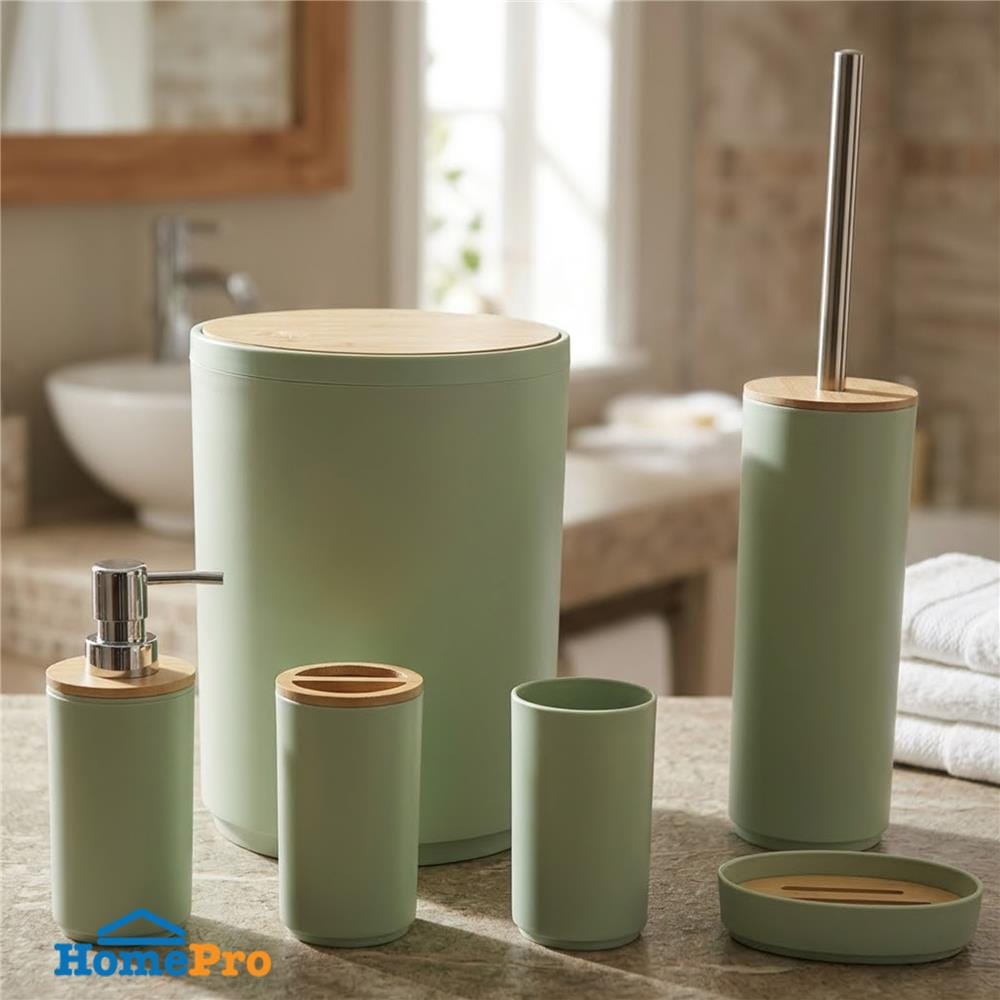 ชุดอุปกรณ์ห้องน้ำพร้อมถังขยะ 6 ชิ้น HOMEPRO BASE BAMBOO สีเขียว