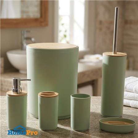 ชุดอุปกรณ์ห้องน้ำพร้อมถังขยะ 6 ชิ้น HOMEPRO BASE BAMBOO สีเขียว_1