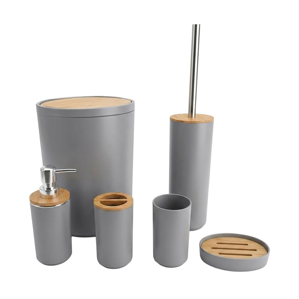 ชุดอุปกรณ์ห้องน้ำพร้อมถังขยะ 6 ชิ้น HOMEPRO BASE BAMBOO สีเทา