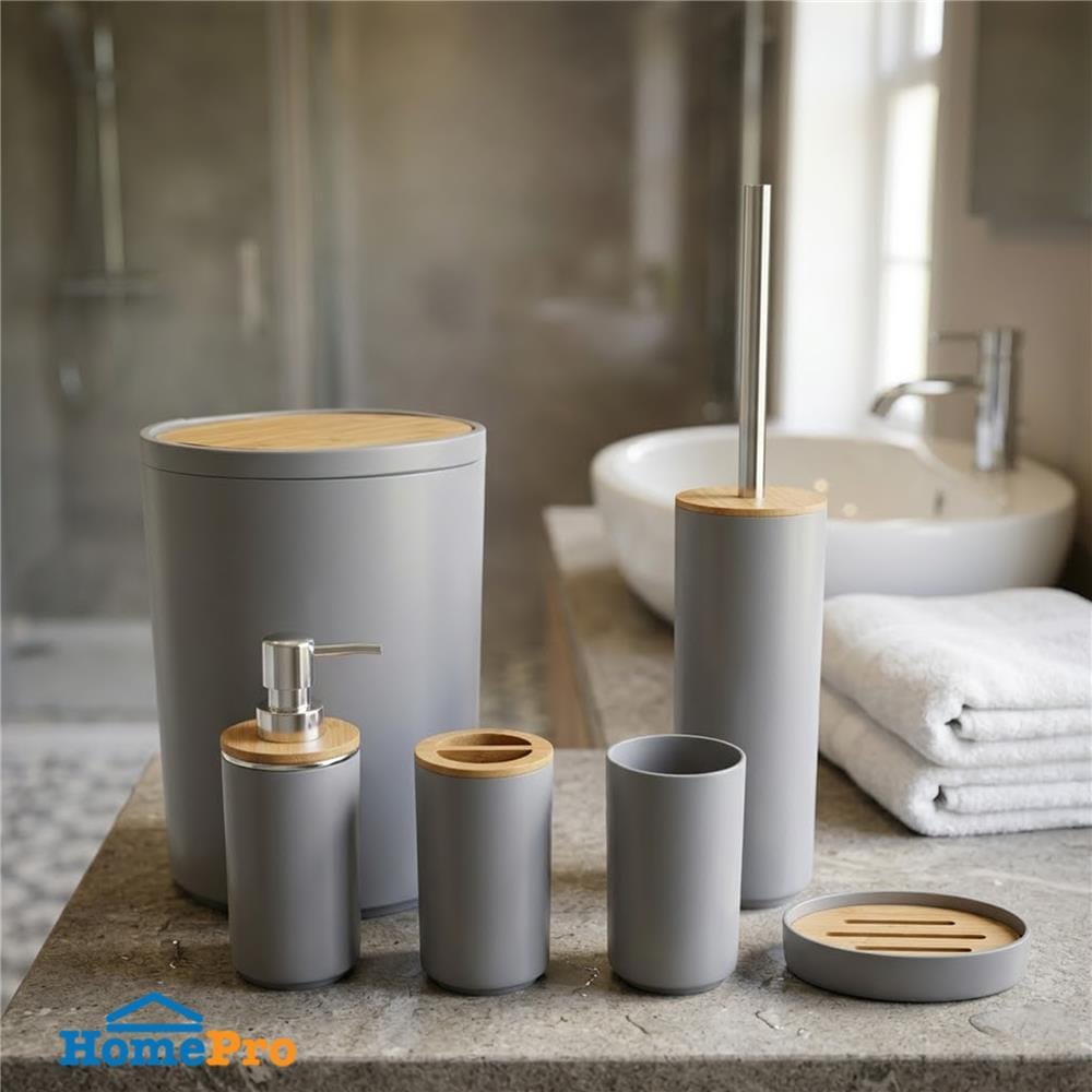 ชุดอุปกรณ์ห้องน้ำพร้อมถังขยะ 6 ชิ้น HOMEPRO BASE BAMBOO สีเทา