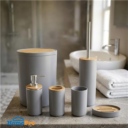 ชุดอุปกรณ์ห้องน้ำพร้อมถังขยะ 6 ชิ้น HOMEPRO BASE BAMBOO สีเทา_1