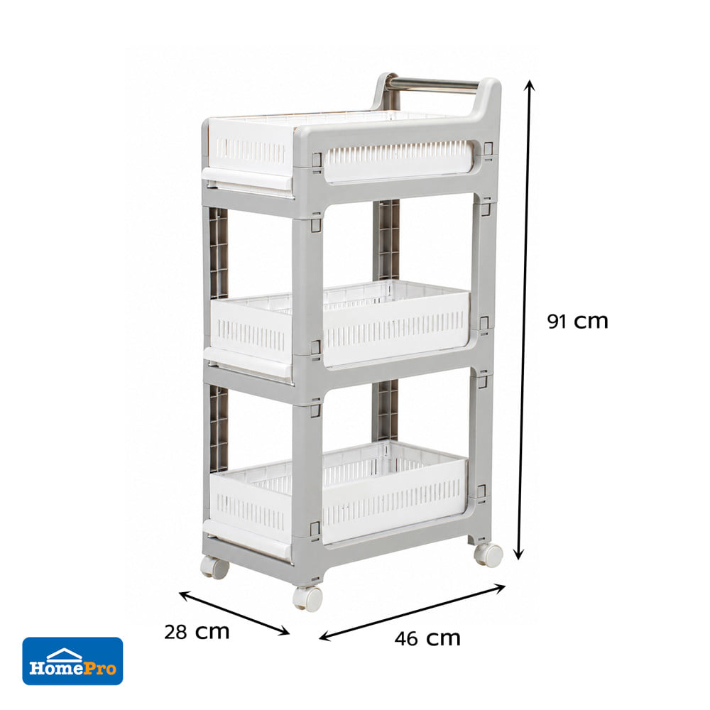 ชั้นพลาสติก 3 ชั้น มีล้อ STACKO YAMI 46x28x91 ซม. สีขาว