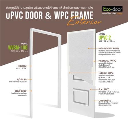 ชุดประตูภายนอก UPVC ไม่เจาะลูกบิด ECO-DOOR UPVC2 ลายไม้ 82x202 ซม. สีขาว พร้อมวงกบ WPC SM-100_2