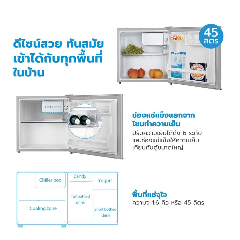 ตู้เย็น 1 ประตู MIDEA MD HS-65LN 1.6 คิว สีเงิน