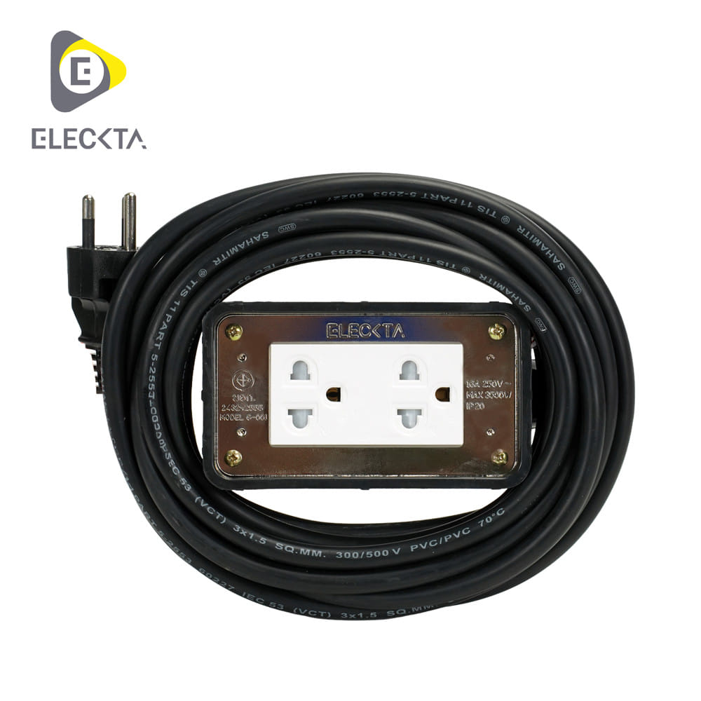 บล็อคยาง 2x4 พร้อมสายไฟ VCT 3x1.5 2 ช่อง ELECKTA 5 เมตร