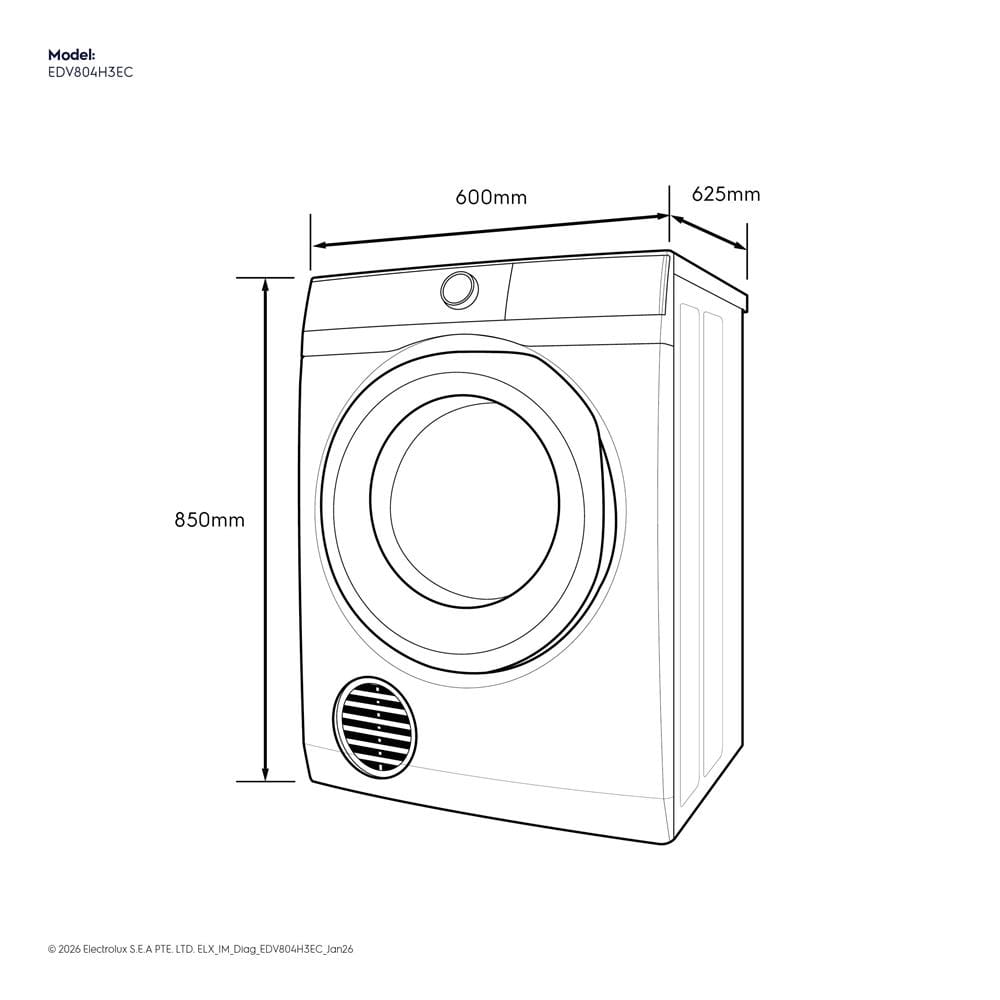 เครื่องอบผ้าฝาหน้าพร้อมขาตั้ง ELECTROLUX EDV804H3EC 8 กก. VENTING สีขาว
