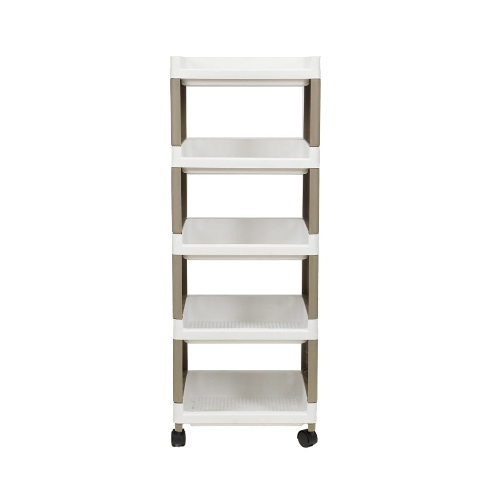 ชั้นวางของ 5 ชั้น มีล้อ STACKO RIKU 36x29x98 ซม. สีขาว/น้ำตาล