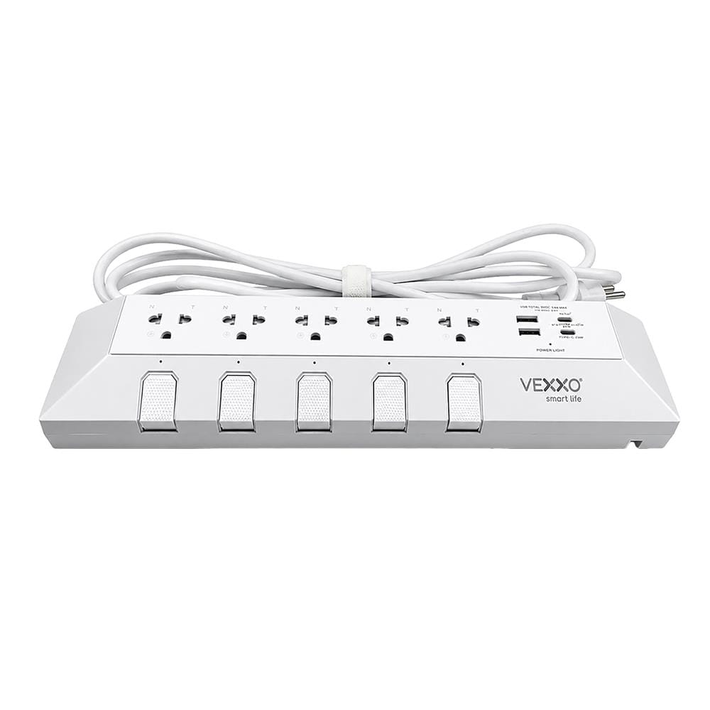 รางปลั๊กไฟ 5 ช่อง 5 สวิตซ์ 2 USB-A 2 USB-C VEXXO STUDIO POWER STRIP MINI 3 ม. สีขาว