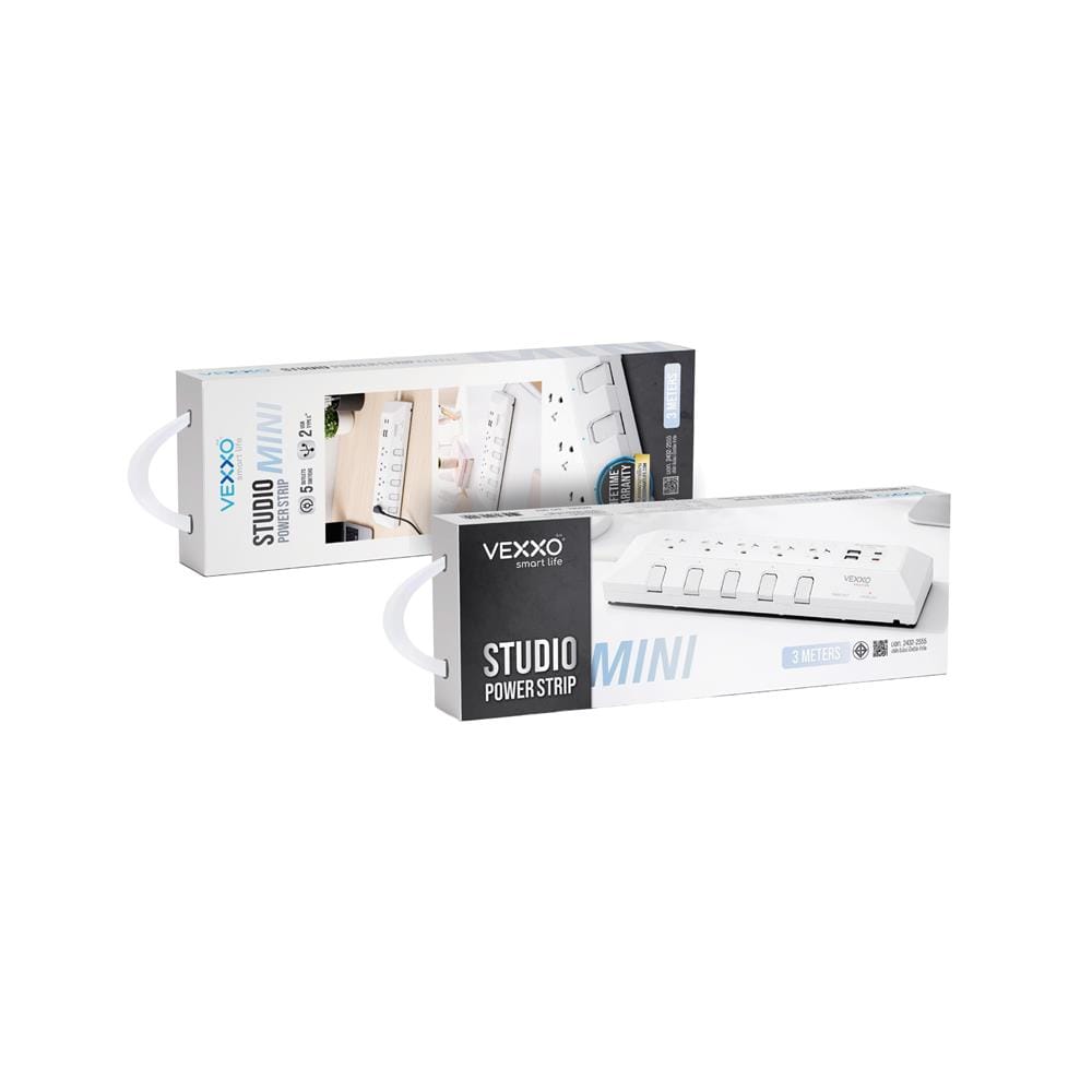 รางปลั๊กไฟ 5 ช่อง 5 สวิตซ์ 2 USB-A 2 USB-C VEXXO STUDIO POWER STRIP MINI 3 ม. สีขาว