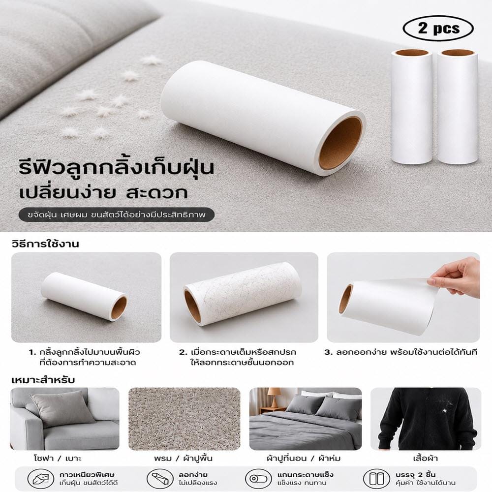 รีฟิลลูกกลิ้งขจัดฝุ่นด้ามยืดหด 20 ซม. ACCO 60 แผ่น (แพ็ก 2 ม้วน)
