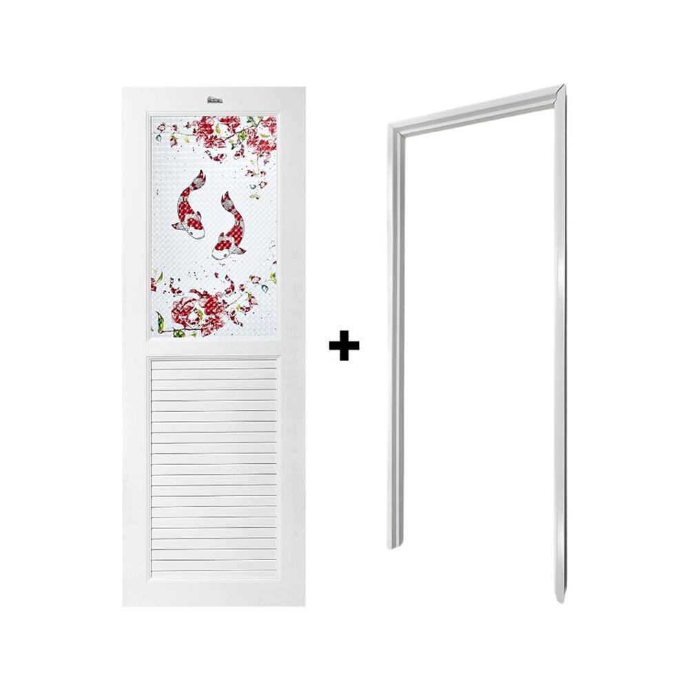 ชุดประตูห้องน้ำพร้อมวงกบ UPVC ไม่เจาะลูกบิด ASARA G924 ลายปลาคาร์ฟ 70x180 ซม. สีขาว
