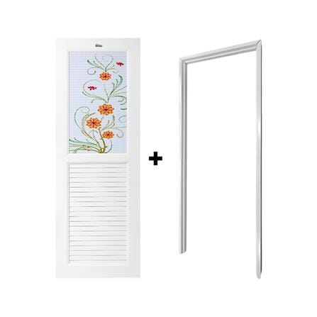ชุดประตูห้องน้ำพร้อมวงกบ UPVC ไม่เจาะลูกบิด ASARA G923 ลายดอกไม้เหลือง 70x180 ซม. สีขาว_2