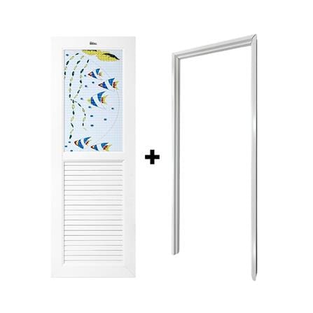 ชุดประตูห้องน้ำพร้อมวงกบ UPVC ไม่เจาะลูกบิด ASARA G921 ลายปลาทะเล 70x180 ซม. สีขาว_2