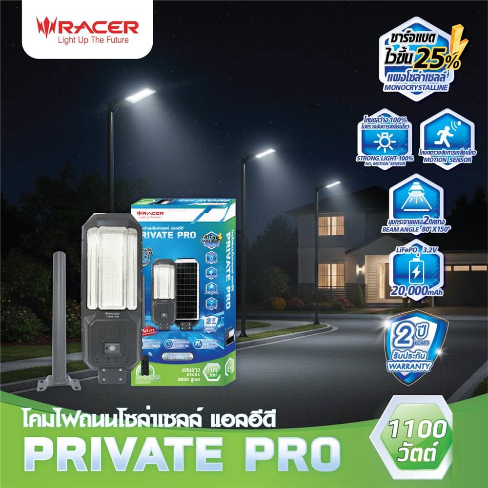ไฟถนน SOLAR RACER PRIVATE PRO 1100 วัตต์ DAYLIGHT สีเทา
