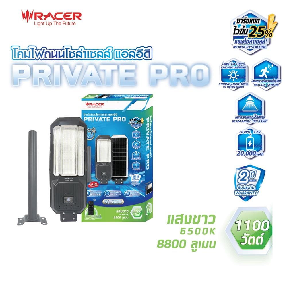 ไฟถนน SOLAR RACER PRIVATE PRO 1100 วัตต์ DAYLIGHT สีเทา