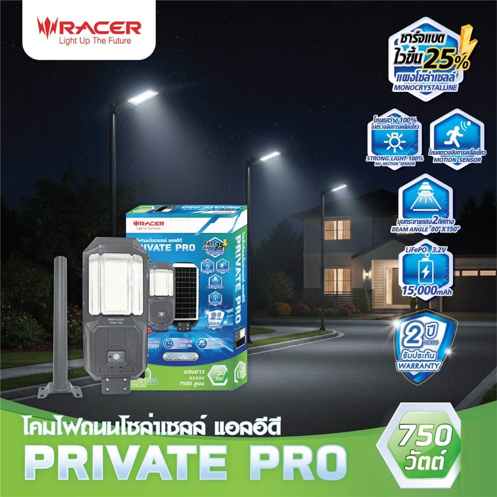ไฟถนน SOLAR RACER PRIVATE PRO 750 วัตต์ DAYLIGHT สีเทา
