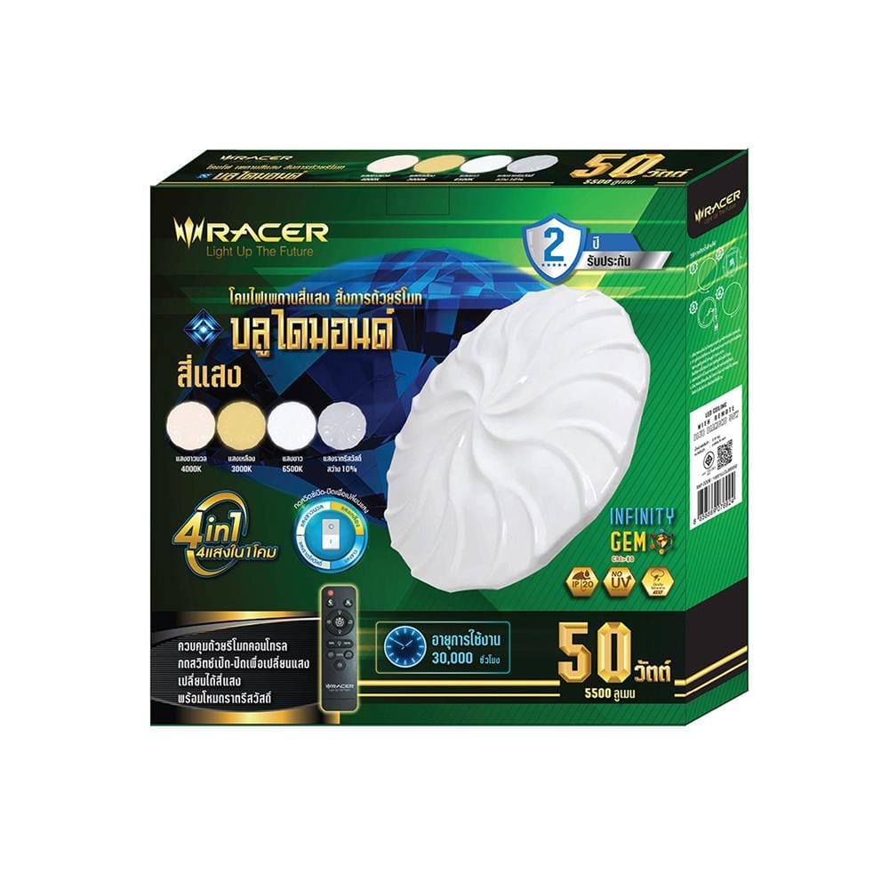ไฟเพดาน LED RACER BLUE DIAMOND REMOTE 19 นิ้ว 50 วัตต์ DAYLIGHT/COOL WHITE/WARM WHITE สีขาว