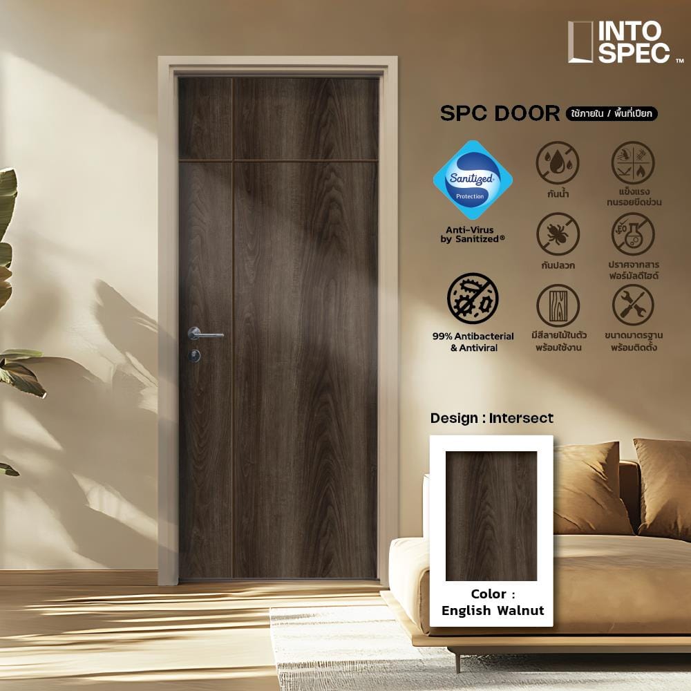 ประตูภายใน SPC ไม่เจาะลูกบิด INTO SPEC INTERSECT 80x200 ซม. สี ENGLISH WALNUT