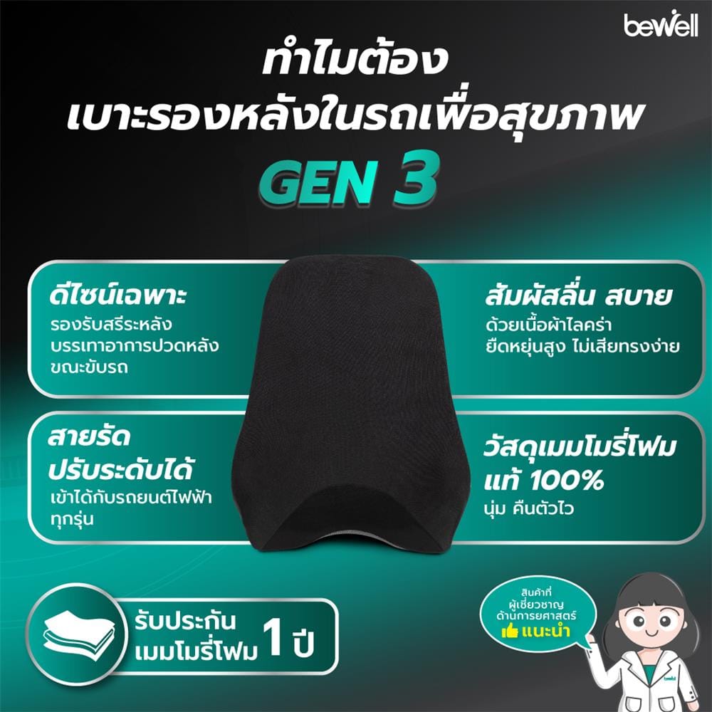 ชุดเบาะรองหลัง BEWELL GEN3 HC-006 21x16 นิ้ว สีดำ