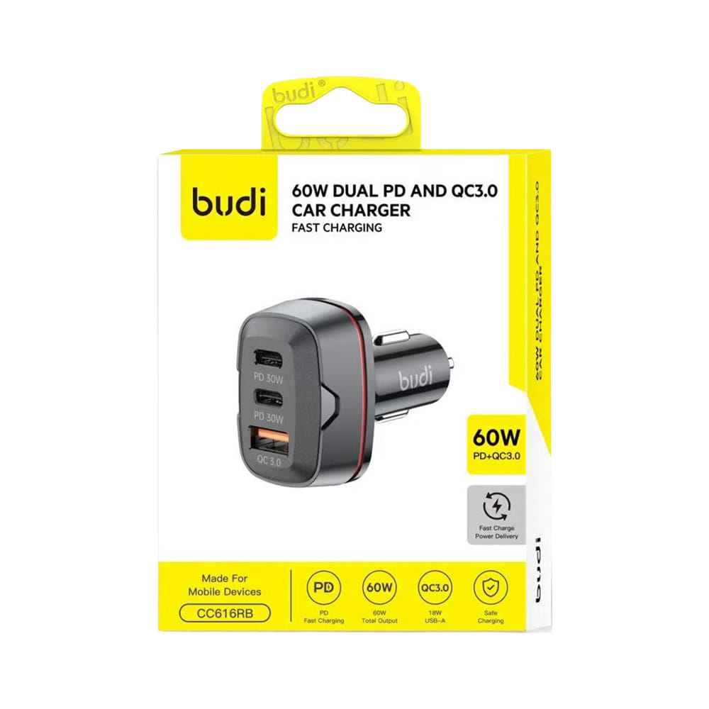 ที่ชาร์จในรถยนต์ 3 ช่อง USB-A และ TYPE C BUDI สีดำ