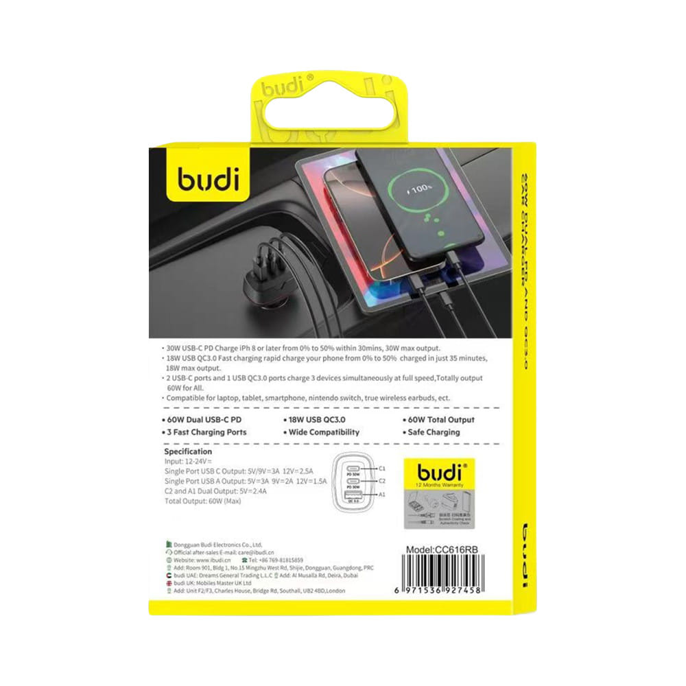 ที่ชาร์จในรถยนต์ 3 ช่อง USB-A และ TYPE C BUDI สีดำ