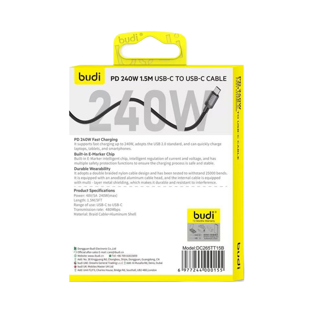 สายชาร์จ TYPE-C TO TYPE-C FAST CHARGE BUDI 1.5 เมตร สีดำ