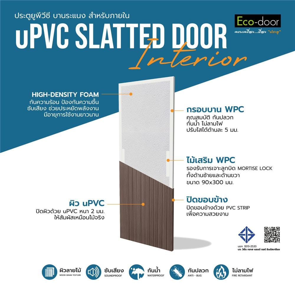 ประตูภายใน UPVC ไม่เจาะลูกบิด ECO-DOOR US-BROWN 80x200 ซม. สีน้ำตาล