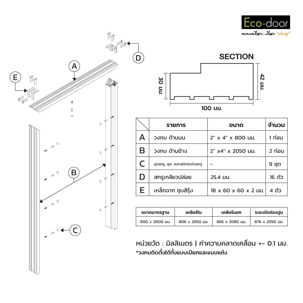 วงกบประตู UPVC ECO-DOOR UF-100 80x200 ซม. สีแอช