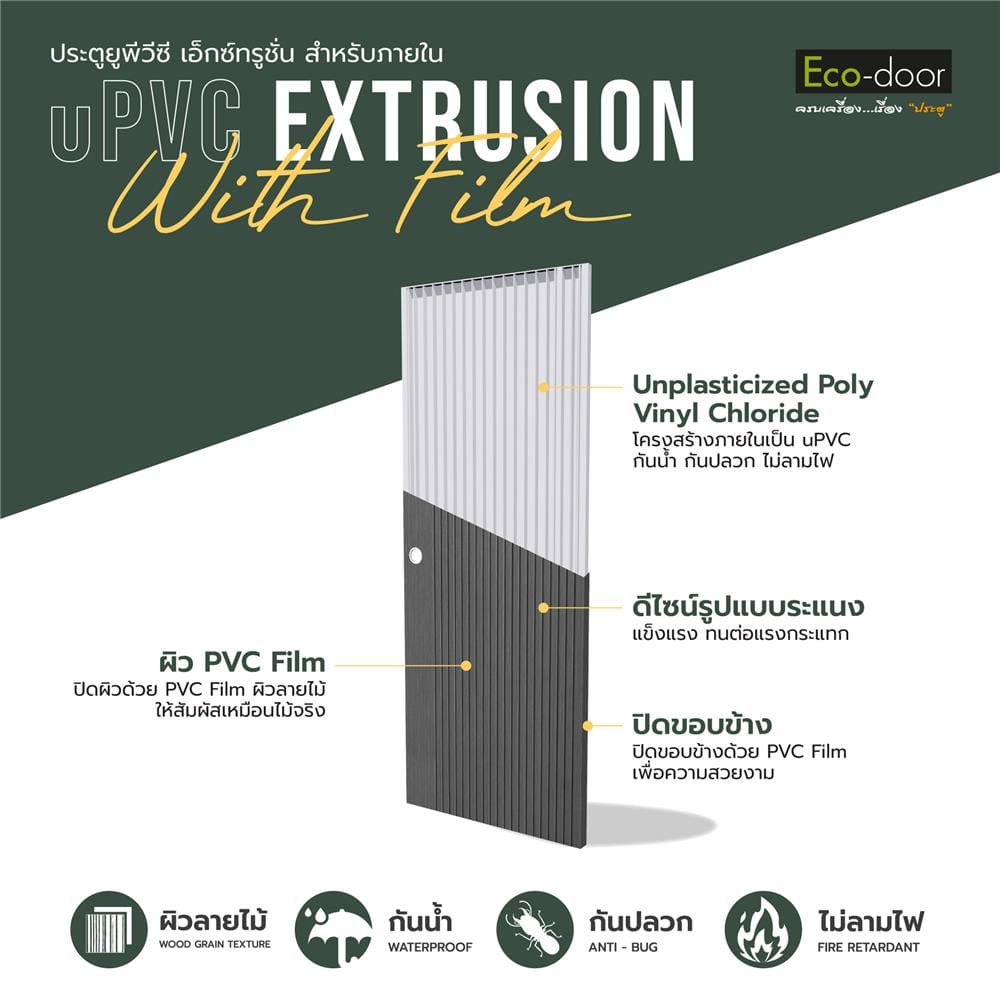 ประตูภายใน UPVC เจาะลูกบิด ECO-DOOR UX-BLACK 80x200 ซม. สีเทาเข้ม