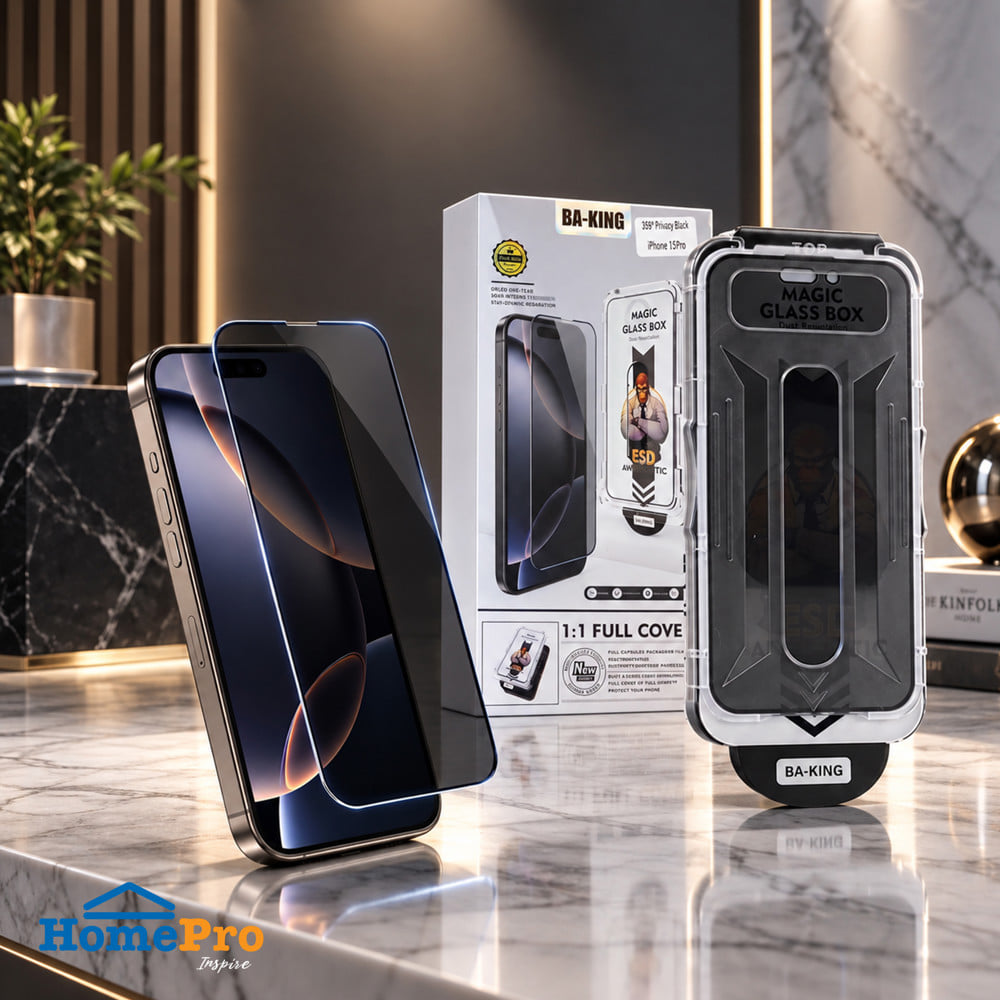 ฟิล์มกระจกกันมอง PRIVACY สำหรับ IPHONE 15 PRO พร้อมกล่องติดตั้ง BA-KING