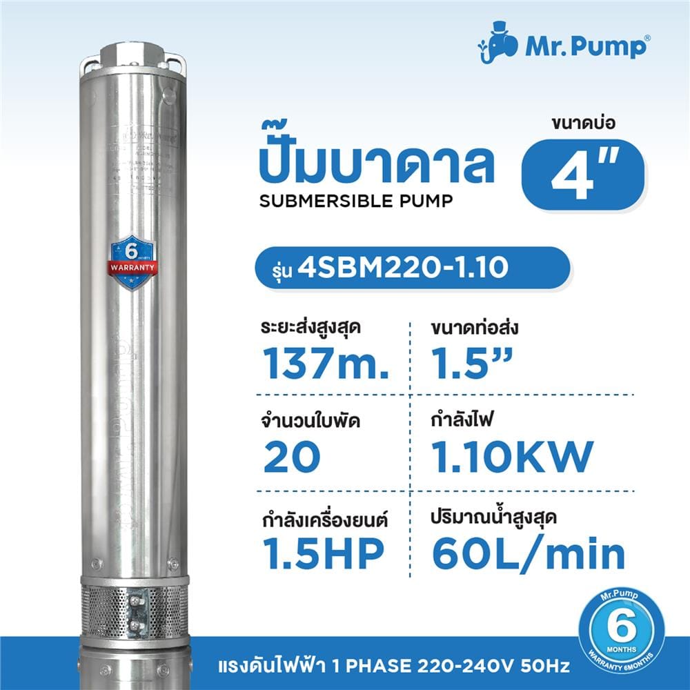 ปั๊มบาดาล บ่อ 4 นิ้ว MR.PUMP 4SBM220-1.10 1100 วัตต์
