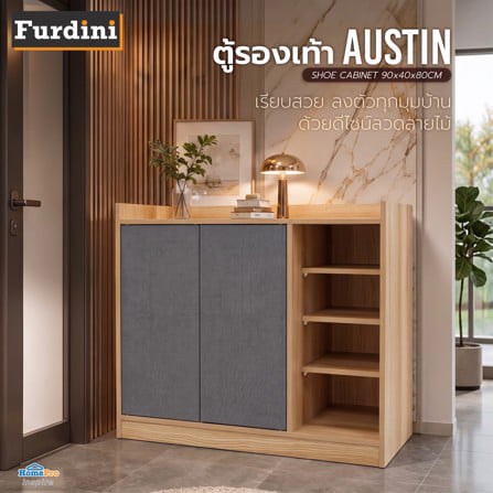 ตู้รองเท้า FURDINI AUSTIN 90 ซม. สีลายไม้/เทาผ้า_4