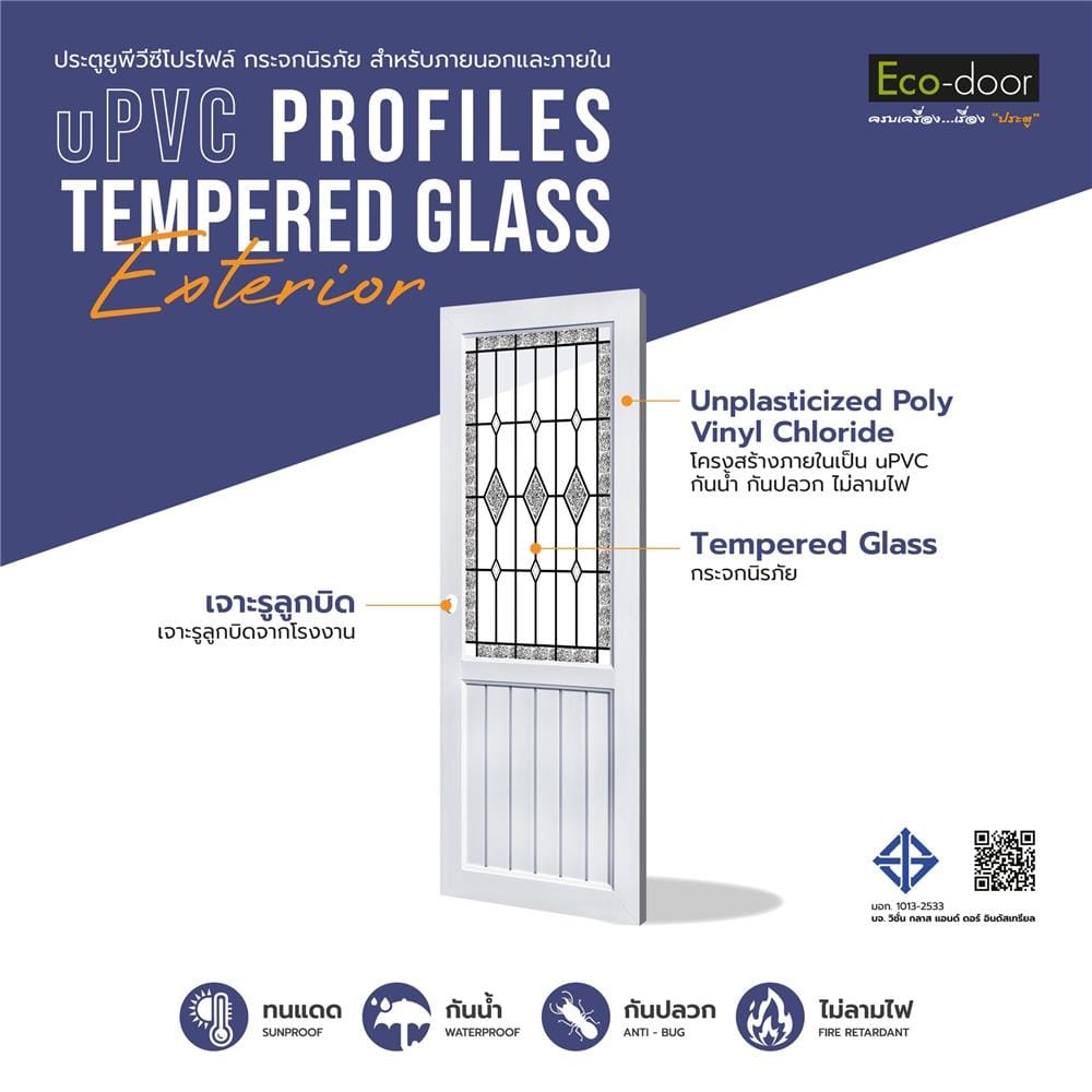 ประตูภายใน UPVC กระจกนิรภัย เจาะลูกบิด ECO-DOOR D1 80x200 ซม. สีขาว