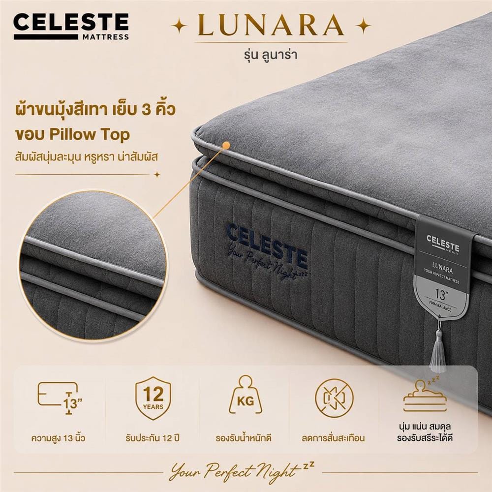 ที่นอนพ็อกเก็ตสปริง 3.5 ฟุต CELESTE MATTRESS LUNARA (พร้อมชุดเครื่องนอน 7 ชิ้น)